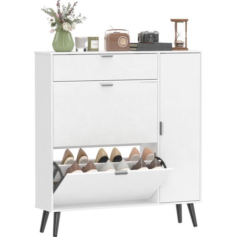 Étagère à chaussures étroite avec 2 compartiments à volets, étagère à chaussures avec portes en cuir de litchi et étagères réglables, blanc