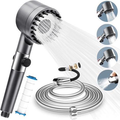 Duschkopf Regendusche Wassersparender Hochdruck Duschkopf mit 2 m Schlauch, verstellbar, mit Antikalkfunktion und Filter, 4 Strahlarten mit Stopp (1/4)