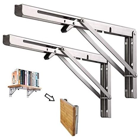 PRO 200mm Folding Wall Shelf, 2 Pieces Stainless Steel Folding Console Bracket, Garage Shelf Bracket Frame, Heavy Duty Bracket for Kitchen, Bedroom (1/5)