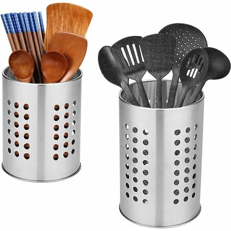 2 Pcs Stainless Steel Cutlery Drainer, 2 Sizes Cylindrical Kitchen Utensil Holder Rustproof Dish Drain Basket For Storing Cutlery Chopsticks Spoon(Silver) (1/5)