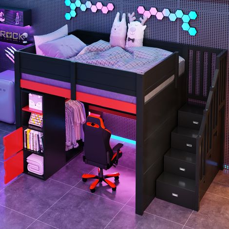 Hochbett 140x200 mit Schreibtisch LED Stauraum MDF OKMYHOME (1/5)