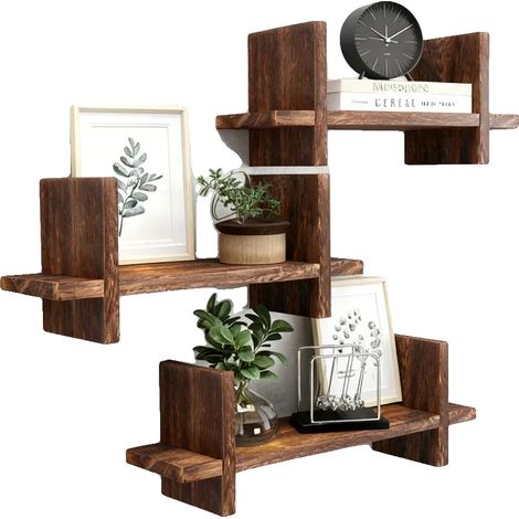 Estantería de pared, construcción de madera, diseño apilable, color caqui oscuro, 3 niveles, L (1/5)