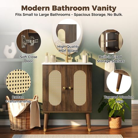 Meuble de salle de bain sur pied 61cm, armoire avec portes en rotin respirant, étagères robustes et grand rangement sous lavabo en céramique, robinet non fourni (1/5)