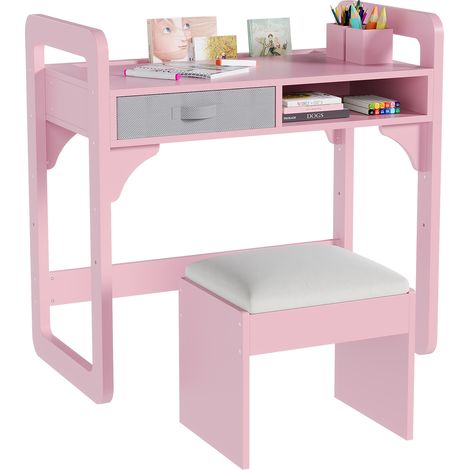 Ensemble bureau et chaise enfant en bois – Tiroirs en tissu spacieux – Porte-stylos intégré – Table d’écriture idéale pour fille ou garçon – Chambre ou salle de jeux – Couleur rose (1/5)