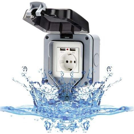 Prise murale extérieure avec port USB pour usage extérieur, prise étanche IP66, prise de jardin, montage en saillie, contact de protection pour pièces humides, extérieur avec rabat (1/4)