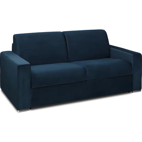 Canapé 2 places convertible express en velours bleu nuit - Couchage lattes larges 120 cm - Matelas 16 cm avec mousse à mémoire de forme CALITO (1/5)