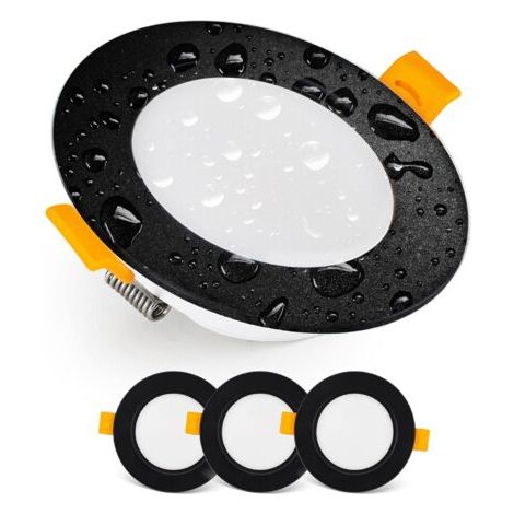 Spot LED Encastrable Downlight LED spots de plafond IP54 Pour Salle de Bain, locaux humides, Blanc chaud 3000K Lot de 3 Spot LED Extra Plat Ronds 7 Watt (7W) / 700 Lumens, Noir