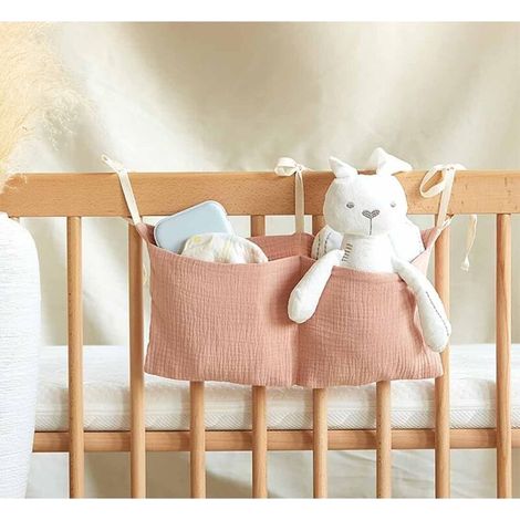 Borsa portaoggetti in cotone da appendere per lettino, organizer a 2 tasche per culla e giocattoli (rosa) (1/4)