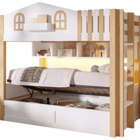 Lit superposé cabane 90x200 cm avec rangement hydraulique, LED et échelle réversible, structure bois et MDF, pour chambre enfant, blanc et bois clair CHICFURN (1/5)