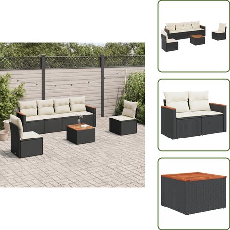 The Living Store Salon de jardin 7 pcs avec coussins noir résine tressée - Ensemble Salon De Jardin - Mobilier Extérieur - Canapé Jardin - Table Jardin - Chaise Lounge