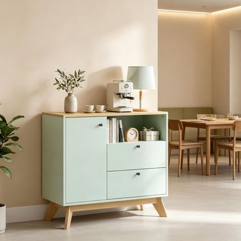 Buffet-salon, meuble de rangement avec porte, 2 tiroirs, casier ouvert et étagère réglable (1/5)