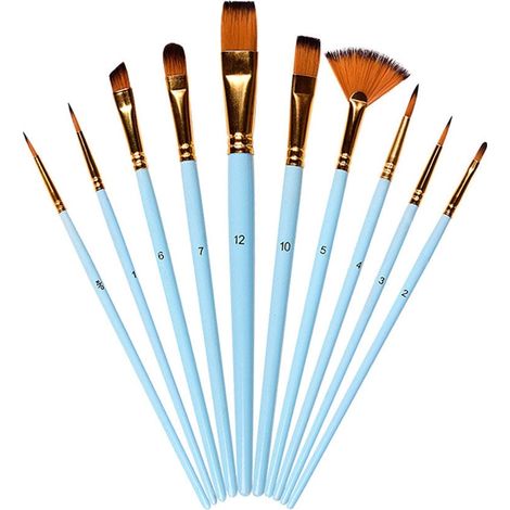 Pinceau Peinture - Manche en Bois et Aluminium - Embout Plat et Arrondi - Pour Aquarelle Huile Acrylique Gouache - Lot de 10 (1/5)