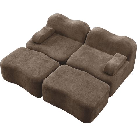 Canapé modulable 2 places en velours brun, sans armature, avec 2 poufs et accoudoirs amovibles, assise profonde pour salon et petit appartement, antidérapant CHICFURN (1/5)