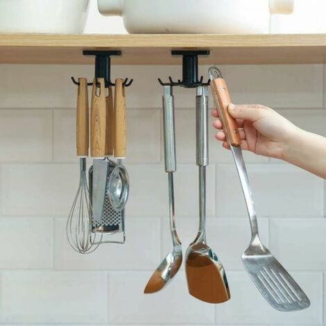 YMYNY Rotatif à 360 ° Porte Ustensiles Cuisine,6 Crochets sous Armoire Support Ustensiles Cuisine,sans Percer Crochets de Rangement Organiseur Rack pour Salle de Cuisine/Bains (1/4)