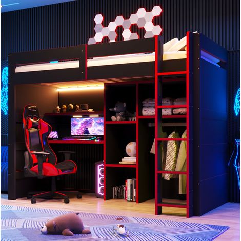 Letto a soppalco 90x200 cm nero/rosso con scrivania, armadio aperto, LED e porta USB (1/5)