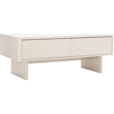 Mesa baja elegante MIYA 120 cm – Tablero de cerámica efecto mármol blanco y 2 cajones (1/5)