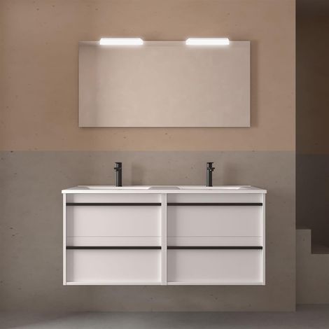 Ensemble complet ATTILA 1200 4 tiroirs BLANC SATIN + meuble vasque + miroir + lampe (1/2)