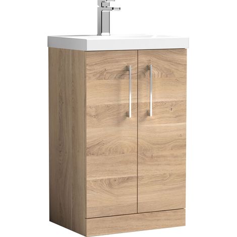 Balterley Contemporary Bathroom Floor Standing 2-Door Vanity & Basin, Bleached Oak, 500mm