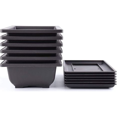 6 Pieces 23cm Deep Plastic Bonsai Pot Square Flower Pot with Tray for Garden Plants Courtyard Living Room Balcony Office (1/5)