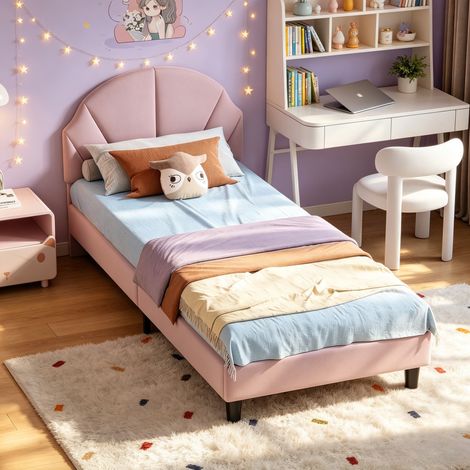 JOOKGBD-Kinderbett Polsterbett 90 x 200 cm, Mädchenbett,Einzelbett,Jugendbett,Verstellbares Kopfteil,Bettgestell mit Lattenrost,Samt,für Kinder und Jugendliche,Ohne Matratze,Rosa (1/5)