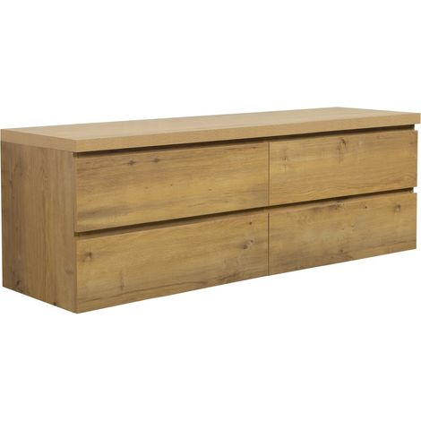 Badplaats – Meuble sous lavabo suspendu 160 x 48 x 54 cm – Chêne MDF – 4 tiroirs softclose sans poignée – Plan de toilette inclus (1/5)
