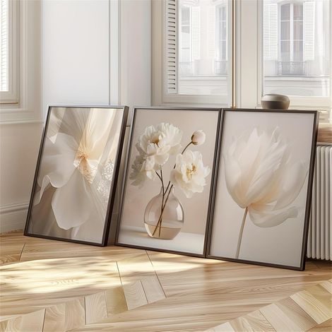 Lot de 3 posters beige, fleurs blanches style boho, images murales modernes et élégantes, toiles de nature pour le salon et la chambre à coucher – Sans cadre (20x30 cm) (1/3)