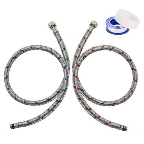 2 Pièces Tuyaux de Raccordement Flexibles Robinets G3/8 x M10 80cm, Flexibles Robinets Tressé en Acier Inoxydable avec Ruban D'étanchéité Tuyau de Raccordement pour Cuisine Douchette Evier (1/5)