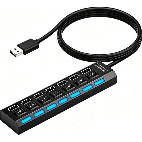 Hub USB 7 Ports, Hub avec Interrupteurs LED Individuels, Concentrateur Multiprise USB 2.0 pour PC Mac Laptop Souris Clavier Disque Dur, Imprimante, Transfert de Données 480 Mbps, Compact et Portable (1/5)