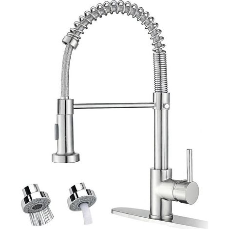 Robinet d'évier de cuisine, robinet commercial à douchette extractible, nickel brossé, poignée unique, haute pression, style campagnard, pour buanderie ou camping-car (1/5)