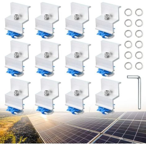 Supports pour Panneau Solaire Bornes d'Extrémité en Aluminium PV 12 Pièces Kit de Fixation pour Panneau Solaire avec écrous et boulons pour le montage de profilés en aluminium 30-50 mm (1/4)