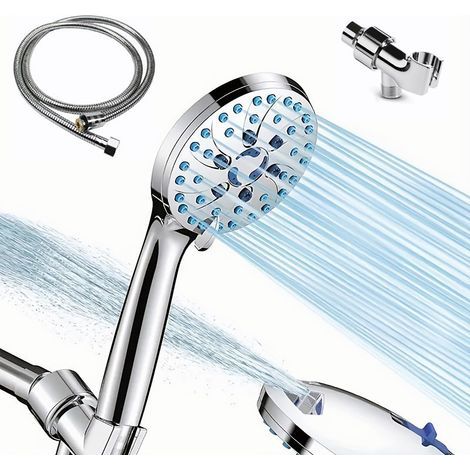 Pommeau de douche à main — Buses anti-obstruction, 7 modes de jet haute pression, rinçage puissant inclut un flexible extra-long de 1,5 m en acier inoxydable et un support mural (Rond, Argent) (1/3)