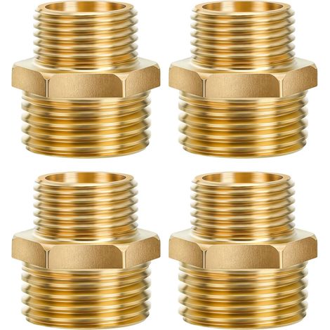 Brass Double Reduction Nipple 3/8 to 1/2 Inch, Reducer Fitting with Hexagon, External Thread on Both Sides 3/8 x 1/2 Inch, Brass Fittings Suitable for Drinking Water (Pack of 4) (1/5)