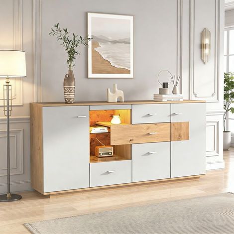 Buffet - Modern - LED-Beleuchtung - 2 Türen - 4 Schubladen - 160x40x77cm
