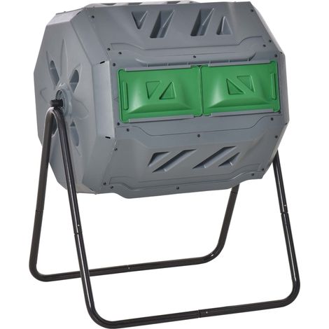 Composteur rotatif 160L à 2 compartiments avec cadre en acier et porte coulissante, pour déchets de jardin et bio, gris (1/5)