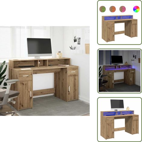 Scrivania con scomparti - vidaXL Scrivania con Luci LED Rovere 140x55x91 cm in Legno Multistrato - Scrivania con cassetti