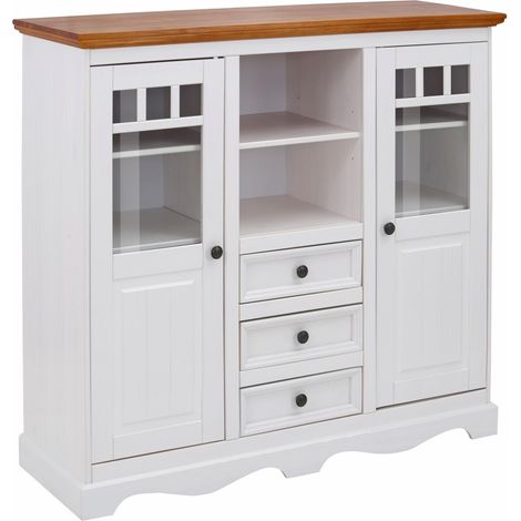 MelissaArmoire avec 2 portes vitrées et 3 tiroirs en pin blanc (1/5)