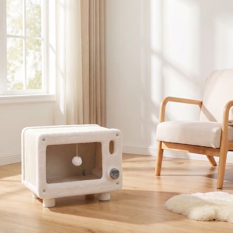 Maison pour Chat Niche pour Chat Intérieure en Forme de Télévision Tapis en Sisal et Balle Suspendue 50x33x42cm Blanc (1/5)