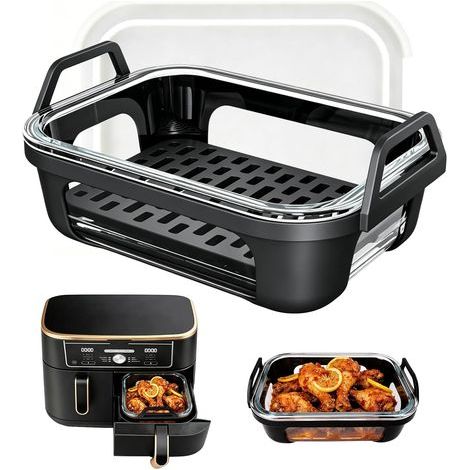 Plat en verre airfryer, détachable plat à four boite en verre met deksel et poignée, BPA free, air fryer accessoires voor dual zone friteuse à air