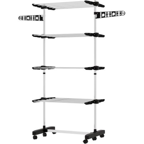 Séchoir à Linge Pliable étendoir Linge intérieur et extérieur seche Linge etendoir réglable en Acier Inoxydable à 4 Niveaux avec 2 Ailes latérales et 6 roulettes 142 x 55 x 172 cm Noir (1/5)