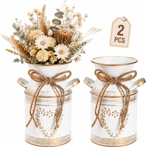 Lot de 2 Pots à Lait en métal galvanisé Rustique de 19 cm avec poignée, Vase à Fleurs décoratif primitif pour la Maison, Le Salon, la Cuisine, la décoration de la Ferme (1/4)