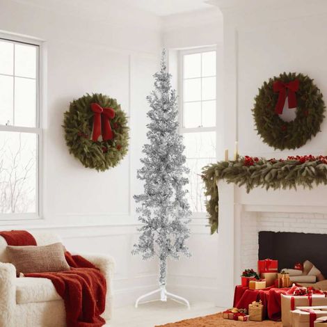 Demi Sapin de Noël Arbre de Noël artificiel mince avec support Argenté 180 cm (1/5)