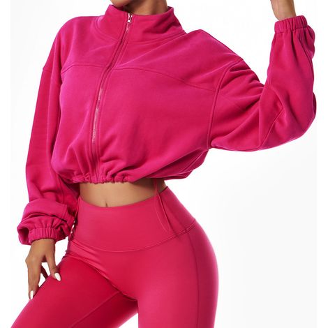 Veste courte de yoga et de course à pied, ample, manches longues, fermeture éclair intégrale, col montant, couleur unie, carmin, taille S (1/5)
