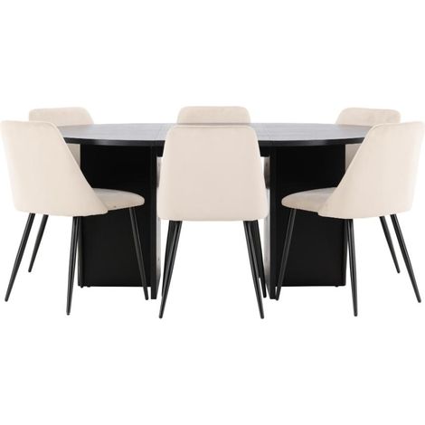 Strada Essgruppe Ausziehtisch Ø120cm, 170cm und 6 Stühle schwarz, beige.