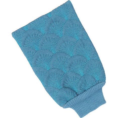 Gants exfoliants bleus en fibres végétales épaisses pour une élimination douce des cellules mortes. (1/4)