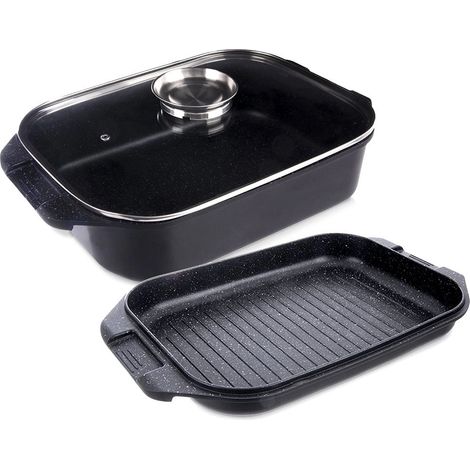 Granit-Bratform mit Grillrost und Glasdeckel, 7 l, 41 x 26 x 15 cm