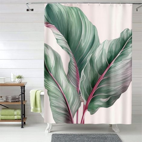 Rideau de douche imprimé grandes feuilles vertes, œillets plastique, 90x180 cm (1/5)
