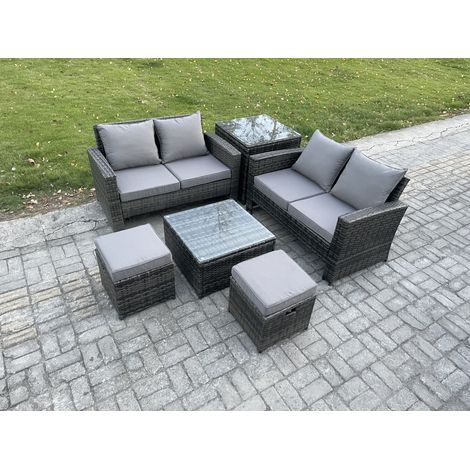 Fimous Ensemble de meubles de jardin en rotin ave 6 pièce Ensemble de canapé en rotin ave 2 Canapé deux places, Table basse, 2 Petit Tabouret and Table d'appoint (1/5)