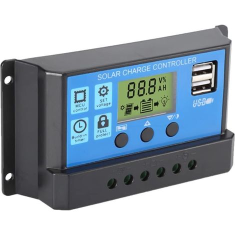 Controlador de carga solar de 30 A, controlador de carga de panel solar de 12 V/24 V, ajuste de temporizador PWM, regulador inteligente con dos puertos USB de 5 V, pantalla LCD ajustable (1/5)