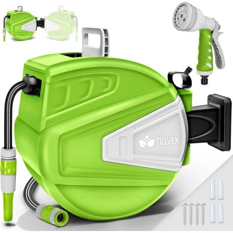 tillvex Carrete de manguera verde de 30+2 m con soporte de pared y asa de transporte  Carrete con ducha de mano y manguera de jardín  Giratorio 180°  Portamangueras de pared con rebobinado automático (1/5)