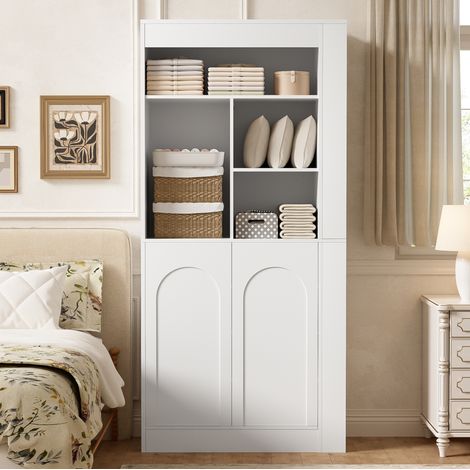 Hohes Aufbewahrungsmöbel 85 x 35 x 180 cm mit offenen Regalen und 2 Türen weiß OKMYHOME (1/5)